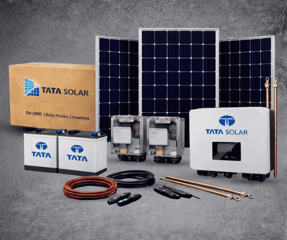 Tata Solar solar panels, batteries, and other equipment on a gray background