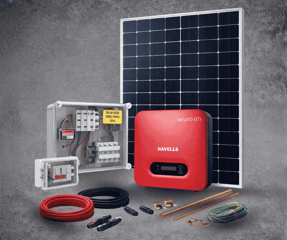 Solar panel, battery, and wiring kit on a gray background