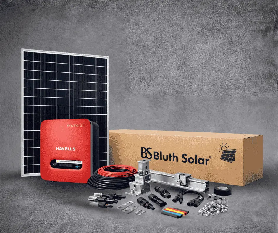 Solar panel, inverter, and related components on a gray background with 'Bluth Solar' branding.