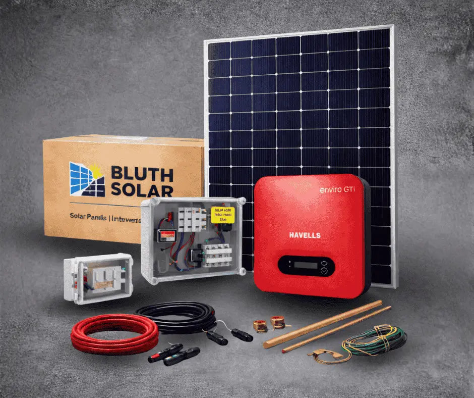 Solar panel system with components on a gray background, featuring Bluth Solar and Havells branding.