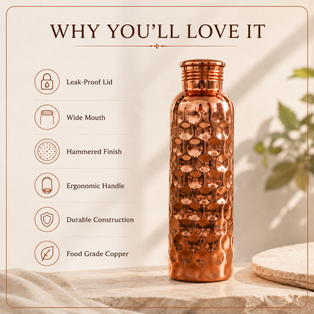 Pure Copper water bottle, leak-proof lid, 