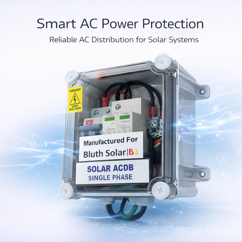Smart AC power protection device for solar systems with 'Bluth Solar' branding.
