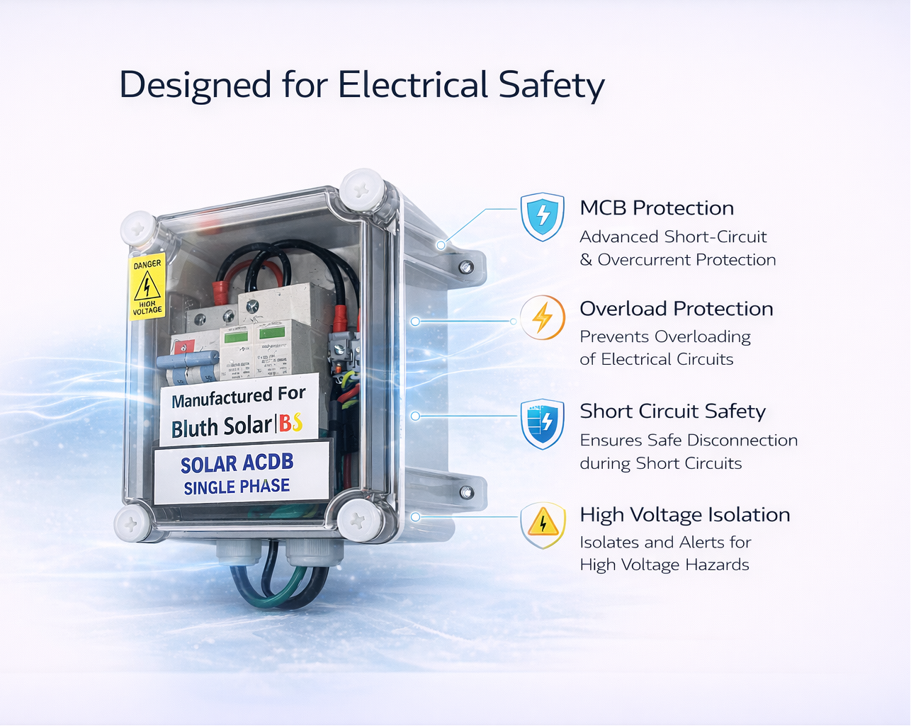 Solar AC/DC box with safety features on a white background