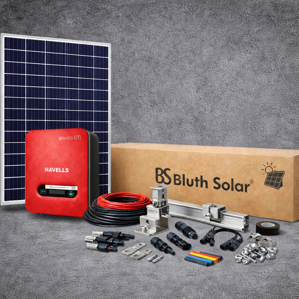 Solar panel, red inverter, and solar installation kit on a gray surface with 'Bluth Solar' branding.