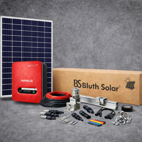 Solar panel, red inverter, and solar installation kit on a gray surface with 'Bluth Solar' branding.