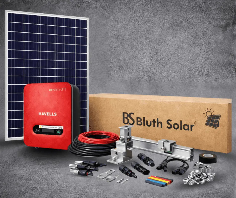 Solar panel, battery, and related equipment with Bluth Solar branding on a gray background